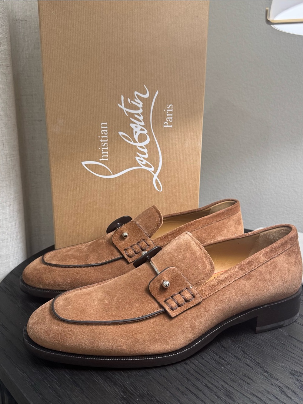 Christian Louboutin Chambelimoc Loafer Dress Shoes Suede Brown 42